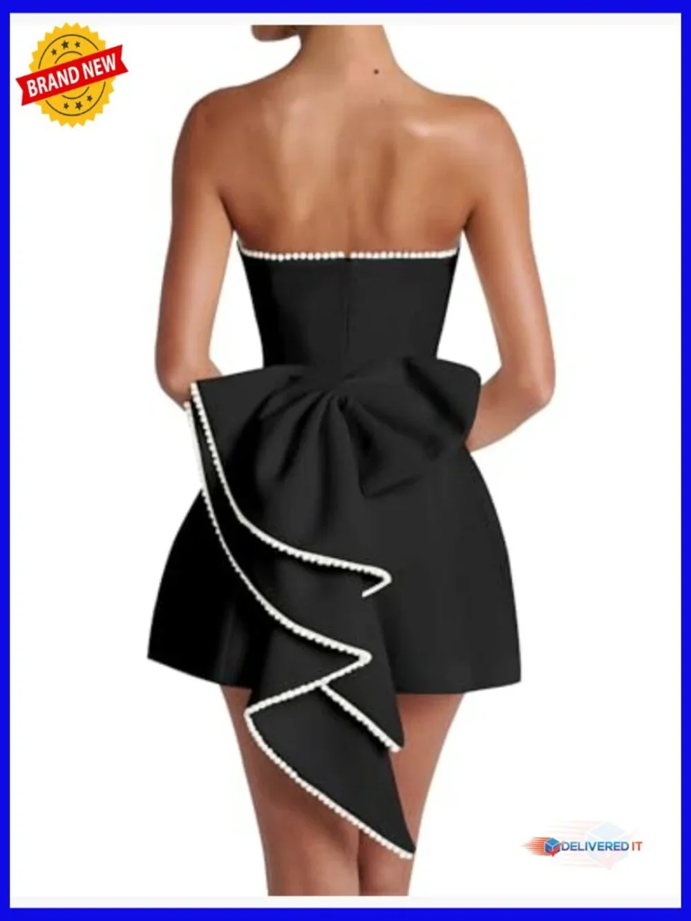 Strapless A-Line Mini Dress with Pearl Bow, Sleeveless Backless Summer Party - Picture 3 of 7
